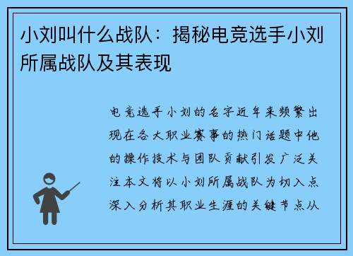 小刘叫什么战队：揭秘电竞选手小刘所属战队及其表现