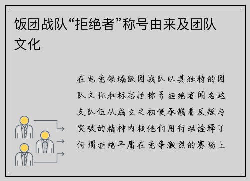 饭团战队“拒绝者”称号由来及团队文化