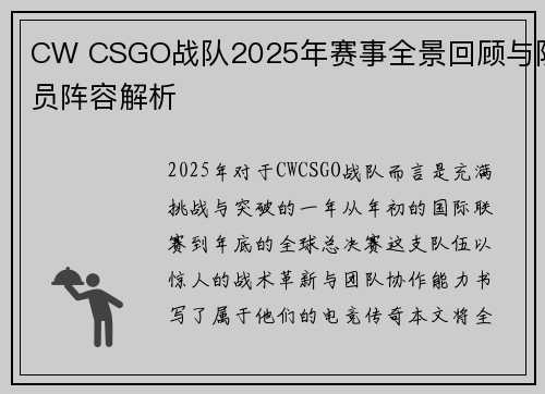CW CSGO战队2025年赛事全景回顾与队员阵容解析
